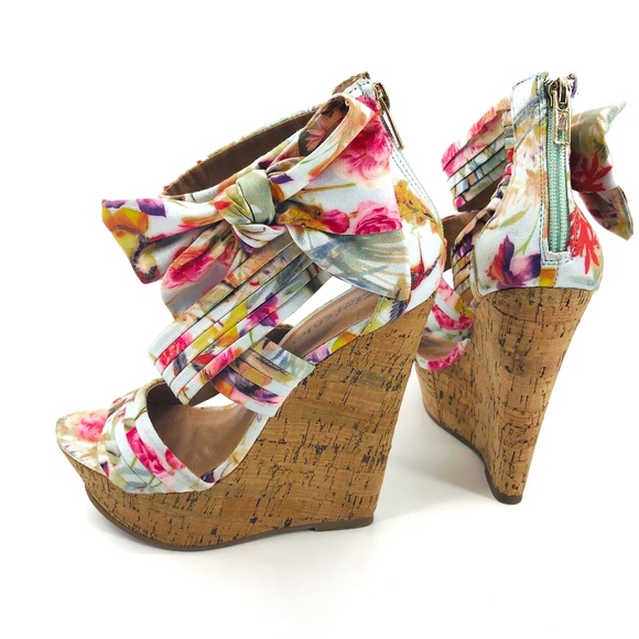 Floral Summer Bow Platform Wedges - Picture 2 of 8